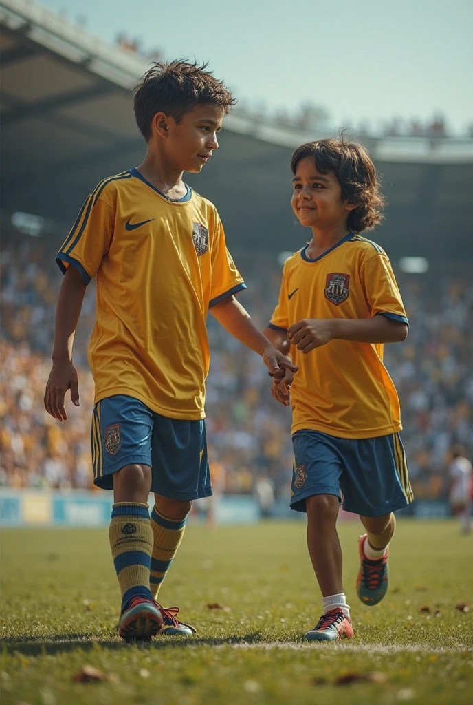 Photograph "anime" It shows a boy and a girl wearing the shirt of the Tunisian Esperance Sports Club, where the boy is proudly wearing the sports uniform, while the girl appears in the shirt of the Egyptian Al-Ahly Club, which reflects the diversity and diverse sporting presence.. The scene is set in the stands of a sports stadium, adding an atmosphere of enthusiasm and immersion into the sporting world.