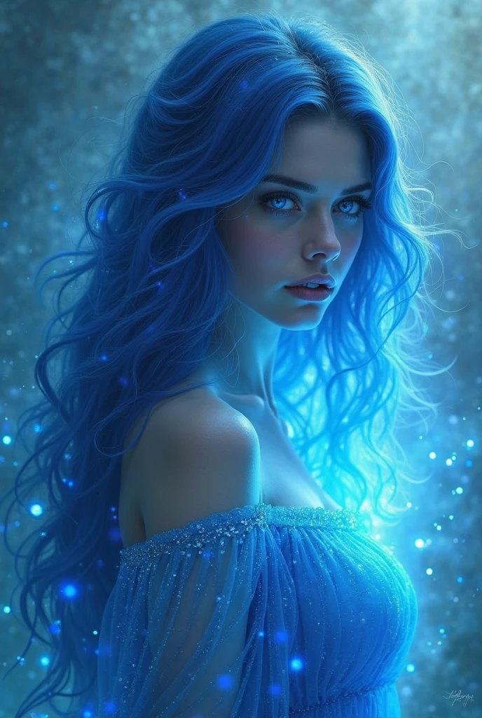 Zodiac sign of a girl "cancer" very beautiful girl long blue curls magic color scheme soft blue, BLUE