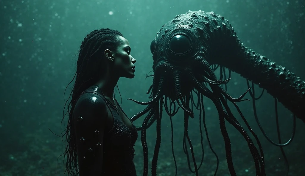 (high quality), (ultra quality), masterpiece, a woman is underwater wearing a tight wetsuit is captured and tied by the tentacles of a giant sea monster, underwater, (under water), drowning, gasping for breath, suffocating, glossy wetsuit, horror, giant creature, scary monster, ((tentacle monster)), many tentacles, long tentacles, raped, abused, penetrated, bondage, captive, stuck underwater, struggling, anxious, scared, terrified, perfect body, large breasts, deep under water, alien creature, lovecraftian horror, tentacles wrapped around body, trapped