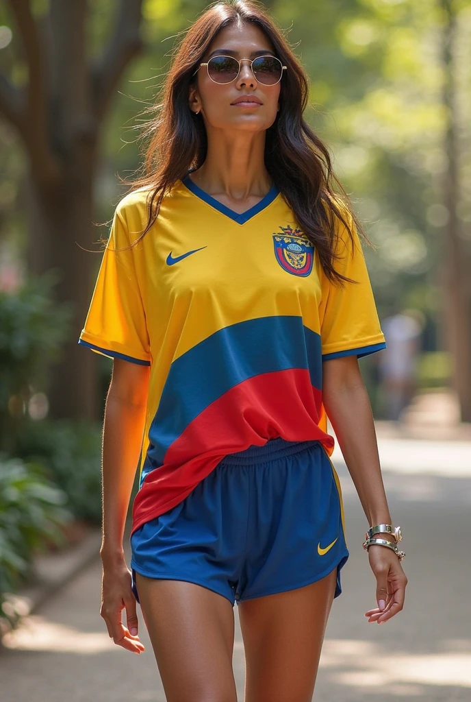 sexy woman, beautiful, dressed in soccer style with the vinotinto shirt