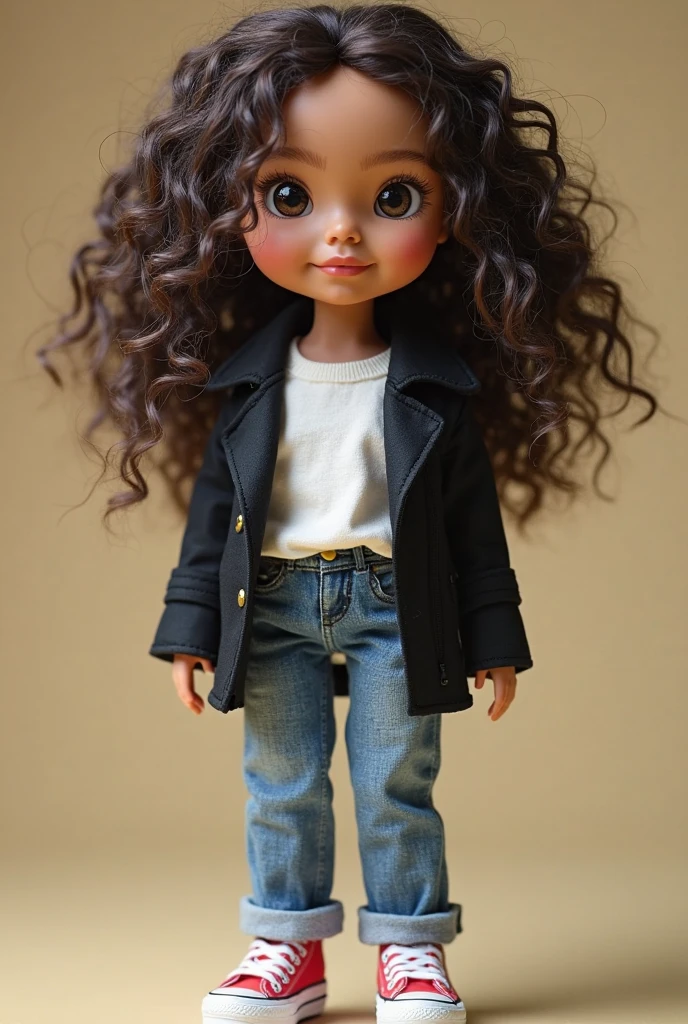 Create a Blythe Doll with a serene face, medium-light and slightly dark black skin, super short black curly hair and black eyes 