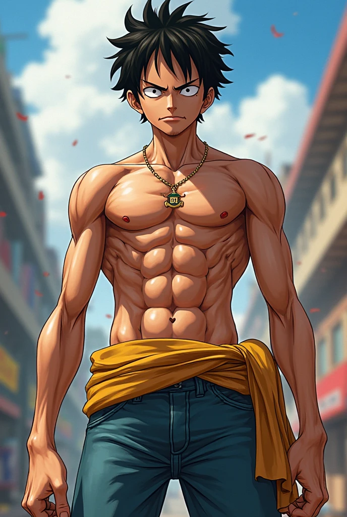 brown skinned male character with rabbit ear head accessory a visibly fit athletic body shirtless wearing a black swim trunks