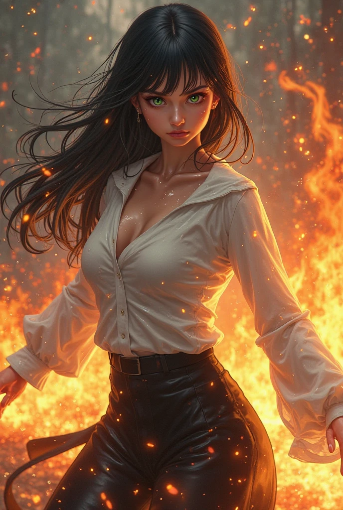 Close-up, beautiful girl, physical rendering photo of an 18 year old girl, curls, freckles, unbuttoned, wet white blouse, black background, light on face, dream, magical atmosphere, cinematic lighting, embers, fantasy, action pose, mist, CRU photo, 8k uhd, film grain