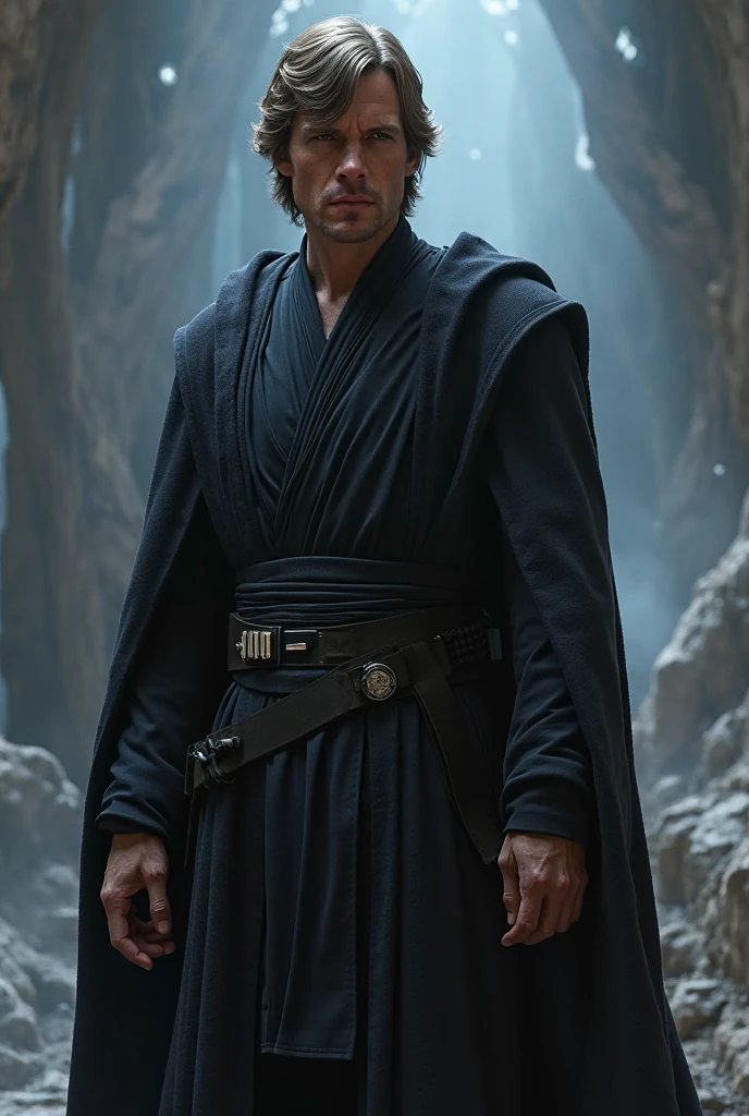 A realistic cinematographic scene of one 40 year old male jedi master, full body standing in a spaceship barren place with stunning cloudscape. (Wearing an elegant jedi robe) on top of her Insanely Intricate anatomically adapted (graphene:1.1) biomechanical symmetrical arms and biomechanical legs. Insanely detailed. Tall fit manly body with a handsome rectangular face, green eyes, thin lips, short straight nose, straight black hair and short trimmed beard with no sideburns, (lightsaber in the right hand), Scene captured with bright soft natural light, dramatic shadings and beautiful vibrant colors. Romanticism art style. 8k resolution image, insanely intricately symmetrical details. The scene has a indomitable heroic mood with the main presence of a complete scene of one male full body standing with fluid body movements and a confident expression.