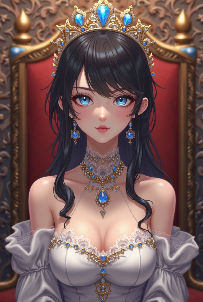 (anime moe style)),((game CG)),(masterpiece),(highest quality), (Super detailed),shape,((very delicate and beautiful)), ,sharp look,looking at the viewer,(((24 year old female)),((whole body)),detailed face and eyes,Intense eyes like jewels,(loosely braided long hair),,,(super huge breasts,long and slightly saggy breasts,nipple) plump body black hair, black eyes A special, luxurious and carefully crafted dress like a princess, gorgeous jewelry, a royal castle, lots of lace, a gorgeous tiara, a black frilly dress, tattoos all over the body, and a lifted bust.