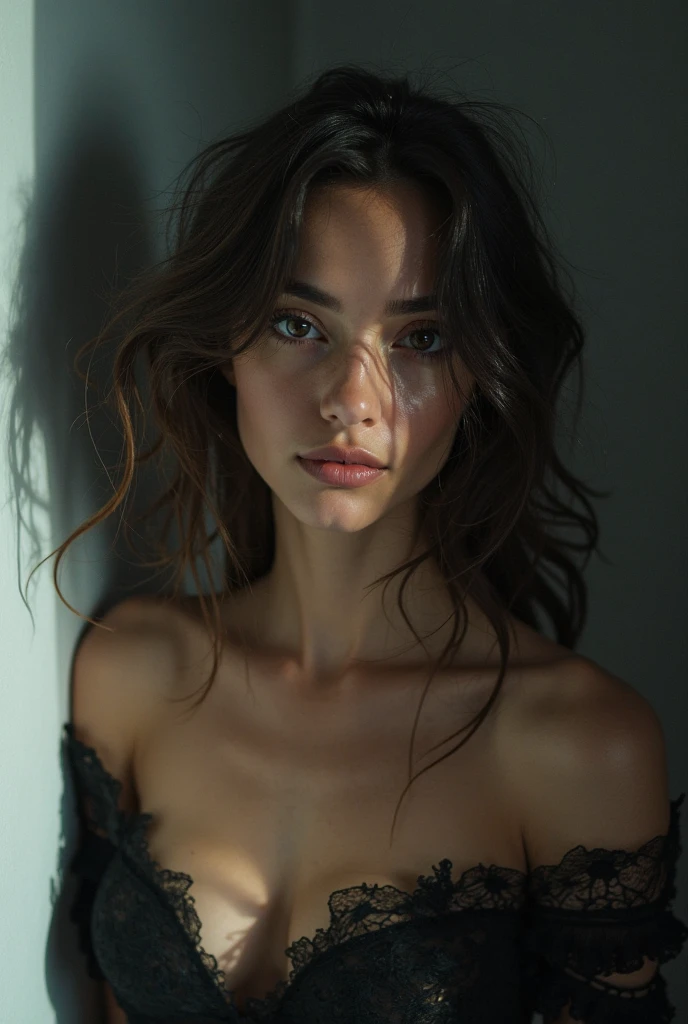 une femme de 20 ans, cheveux brun, au yeux clairs, dans une tenue sexy 