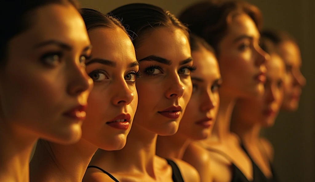 Four beautiful women with cleavage, sensual with scared faces looking up .. focus on faces, high qualiy