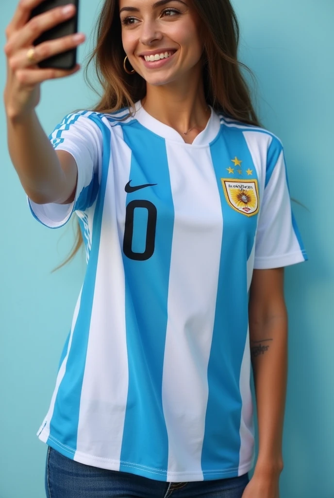 a woman in a soccer uniform posing for a photo, a statue by Elena Guro, extremely detailed face and eyes, beautiful smile, fantasy realism, argentina flag, lorena avarez, ava max, lady gaga president of argentina, bella delfine, valentina remenar, carolina gariba, argentina flag behind, round and wavy belly, realistic, photorealistic, masterpiece, high quality, 8k, ultra-detailed, vivid colors, physically-based rendering