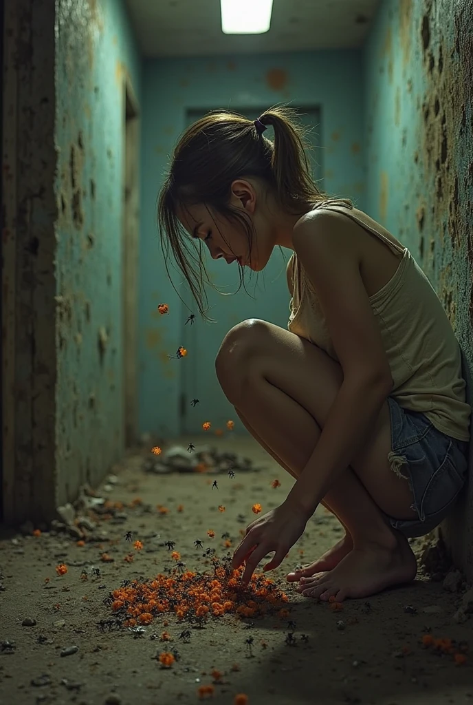 (A teen girl with pants dropped down underneath) (peeing, urgently) (Realistic) (peeing in a corner of an alleyway) (squatting down) (pee stains) ( pee dripping down her butt)