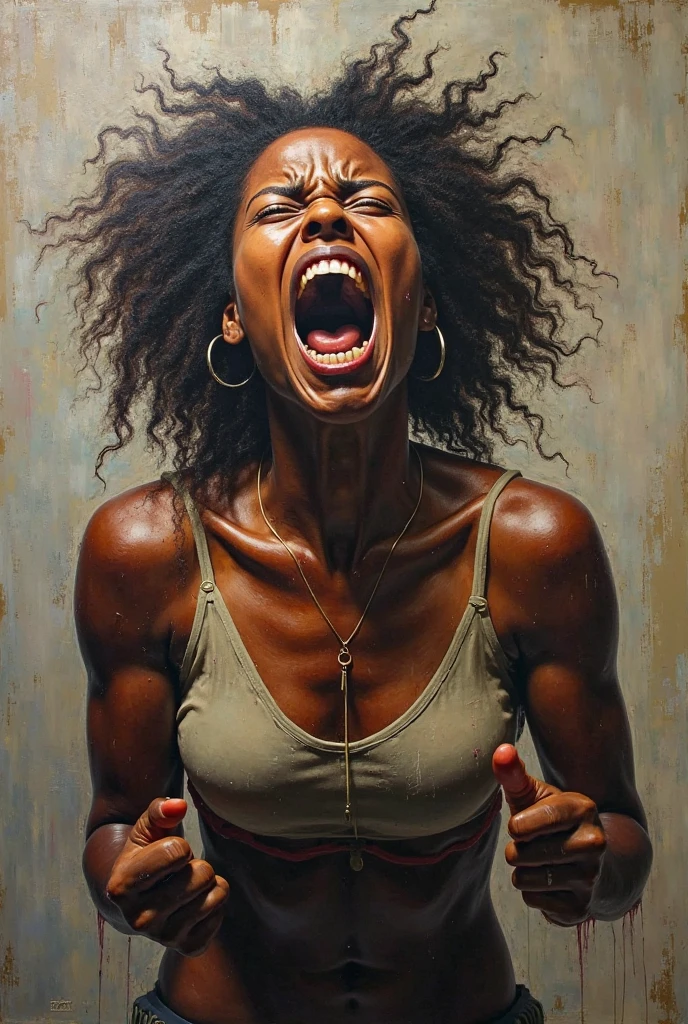 Ultra-realistic rendering with hyper-detailed textures. A muscular, thick female Sasheer Zamata strains in agony, choked and enraged. Her entire body is covered in satin; the tight, buttoned-up blouse with a band collar is tucked into her nitrile gloves and belt, leaving only her neck and face exposed. Her chin is raised, emphasizing her neck, which is visibly squeezed by the blouse's tight collar. Trapped in a tiny, padded cage, the suffocating atmosphere is intensified, amplifying the scene's emotional intensity.