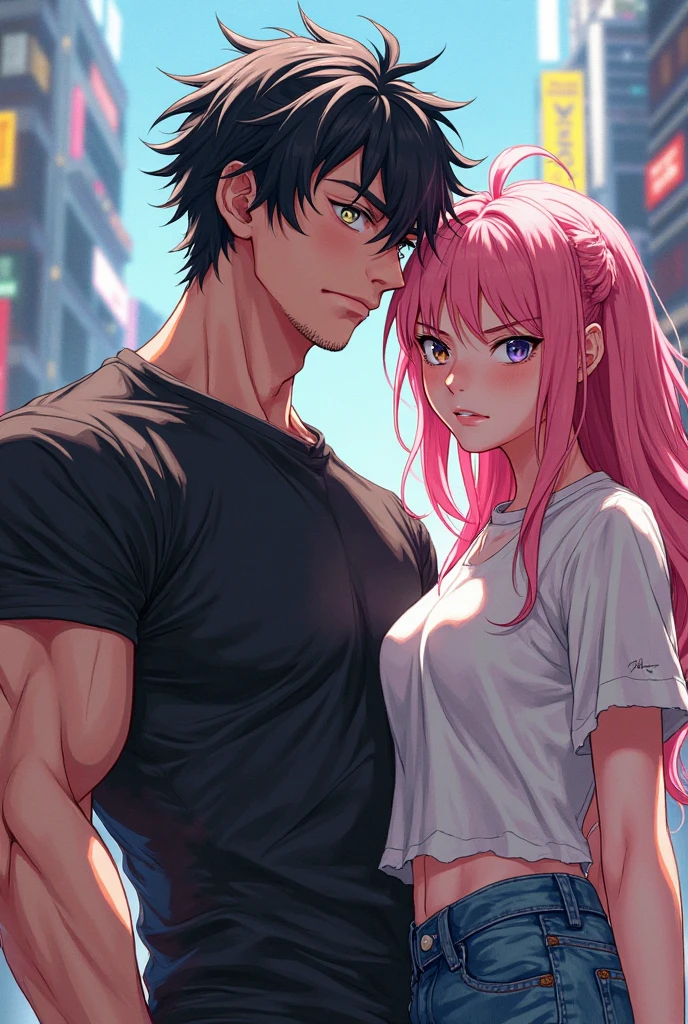 (2heads:1.3), (1boy:1.2), male female couple, red eyes, black hair, pink hair, braid, long hair, (handsome:1.5), (masculine:1.5), (masterpiece), (high quality), (best resolution), evil smile, looking at viewer, night, city, beautiful background, hand on hip, graphic t-shirt, jeans, wide hips, thick thighasculine chest)