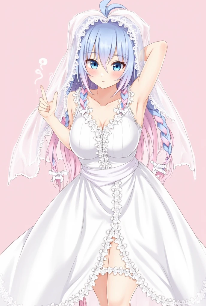 masterpiece, best quality, highres, wedding dress, white dress, garden, holding bouquet, confetti,Shoulder Bare、midriff peek、bare legs、very long veil、(She showed off her white panties:1.5)、((Glowing Skin:1.2))、cameltoe、smile、(Izumi Sagiri:1.5), Detailed eyes