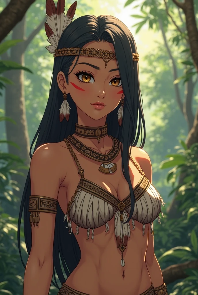 20 years old tribal girl,ebony skin, long black hair adorned with multiple colors feathers , black eyes, tribal outfit,bracelets and necklace showing connection with nature, tribal tattoos without shoes, in the jungle