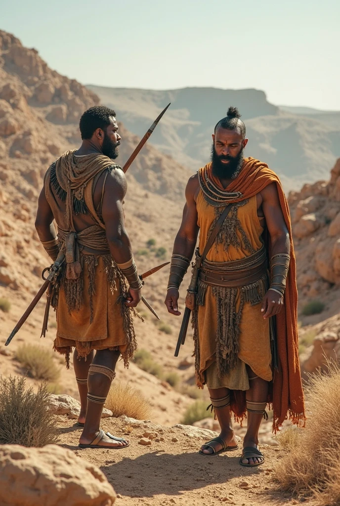 A black slave wearing a white turban is having a large stone hit on his chest, people around him are laughing, the setting is in Arabia