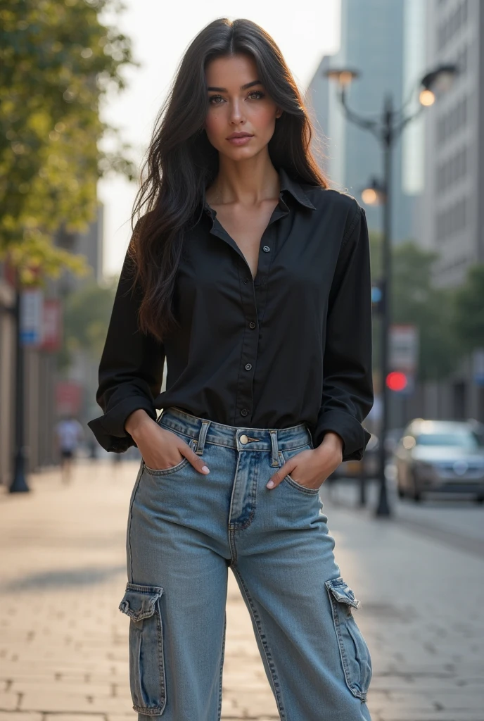 Sexy latina girl , with transparent lenses ,con jeans ,long straight hair in a ponytail and tailored shirt 