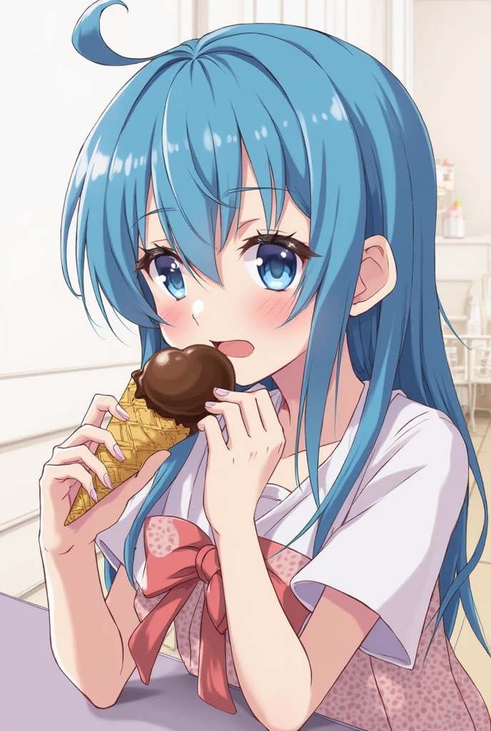 Little pretty girl、Putting ice cream in mouth