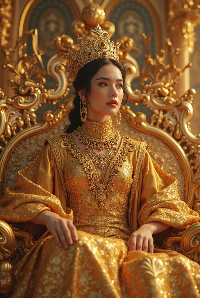 a woman sitting on a throne, 赤dress, very large breasts, beautiful crown, looking down, detailed face, realistic, photorealistic, 8k, masterpiece, oil painting, dramatic lighting, fantasy, intricate details, ornate throne, medieval, regal, powerful expressionShe lives in a golden castle