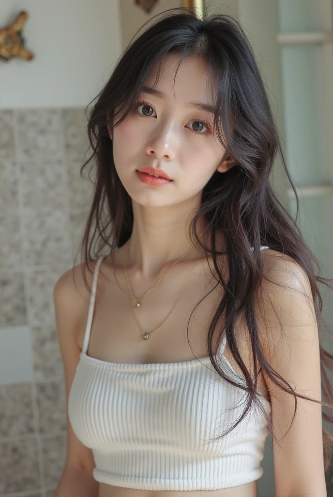 (Highly realistic photos, High resolution, Detailed face, Fine grain), ((Shooting in the room))、Japanese women, 20-year-old, A variety of expressions, alone:1, Slim figure, Various hairstyles, Casual clothing, 写真の中でalone、Selfie、Photographed in natural light、Simple Necklace、Spring Clothes、Looking at the camera、profile、Dark Brown Hair Color、The chest is visible