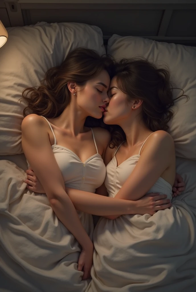 (high resolution, ultra-detailed, photorealistic), ((half body:1.4)) photo of sjang and her identical twin, lying down on top of one another, bed, cuddling, ((kissing:1.4)), realistic faces, (bedroom:1.2), romantic, soft lighting, vibrant colors