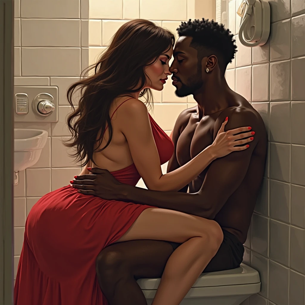 A femboy with a piercing sucks a black guy in the toilet when he goes in there and the girl in the yellow dress starts crying