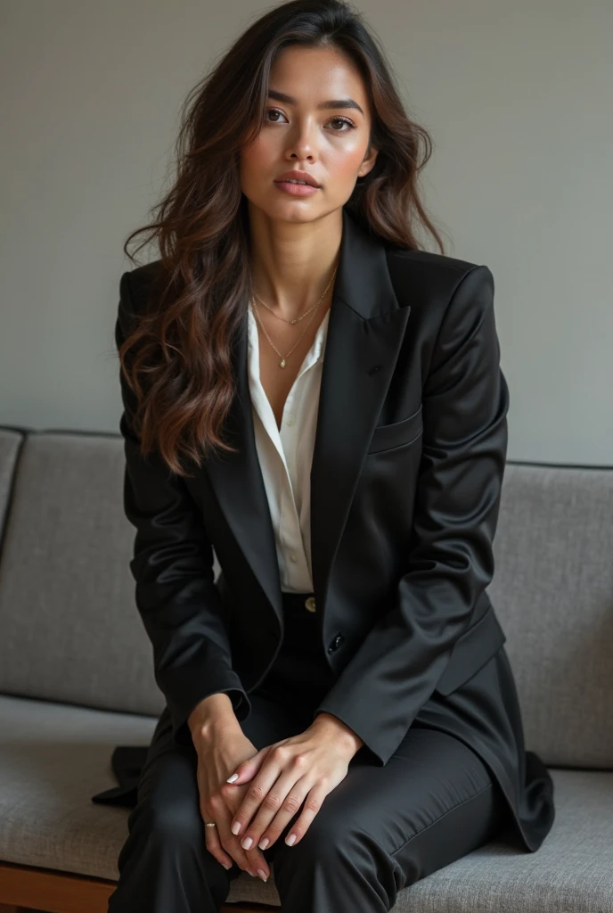 Mature Woman, 30 years old, Brown hair, European Woman, Full body in the photo, multiple views, zoomout, Serious, Beautiful, Cool, Realistic hair, Green eyes, Unobtrusive pose, European Eyes, Medium structure, Medium round buttocks, Medium long coat, Beautiful clothes, Cute black suit, Modern Office, Cover bar, masutepiece, 超A high resolution, (Photorealistic: 1.4), Raw photo, A hyper-realistic, Detailed background, refined, Detailed, Realistic face, Detailed face, Realistic skin, (Raw photo, Best Quality), Extremely detailed, nffsw, unit, amazing, Fine details, lightsmile, Highly detailed ajectar 8k wallpaper unit, Huge file size, Ultra-detailed, hight resolution, absurderes, Soft light, Half body, Photos without backgrounds