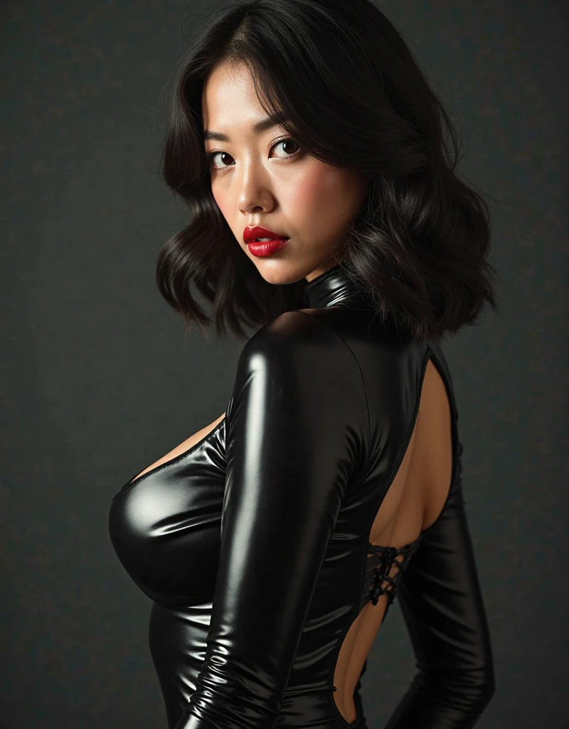(Cinematic Aesthetic:1.4) Photo of a beautiful korean fashion model with round disco afro wig, super mini ,big bust, Clevage, opened black leather jacket, make up, exposed stomach, sexy look, choker, showing boob, villainess look, evil look, henchwoman vibes, belly button 