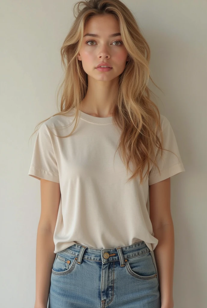 A realistic blonde teenager with long straight hair, greeneyes, with a white t-shirt and jeans and a Prada bag 