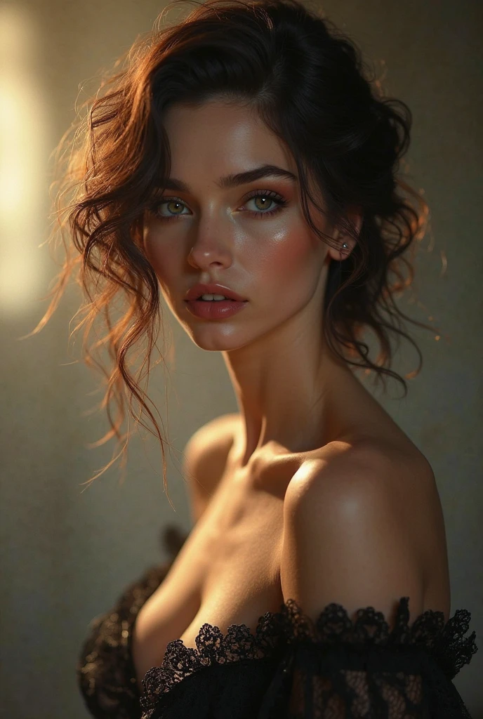 (((ultra realistic))) Photo, masterpiece, top quality, (pale skin), (Ultra detailed face and eyes:1.3), 1 girl, Adult, In Lifchik, ((Eye makeup, pink mascara)), ((large detailed lips)), ((pink wavy hair)), ((Chyolka)) , (Natural breasts), Slim waist. ((Posing)), photoshoot, studio (contour lighting), (The play of light and shadows), depth of field, bokeh, (special attention to skin detail: 1.2), Detailed leather texture, skin pores. (Light atmosphere of the frame. Color range - delicate, Bright, Yellow tones), UDR, ((Film grain)), ((rays)), (Glare), ((Photo from the back)) , ultra detialed, 