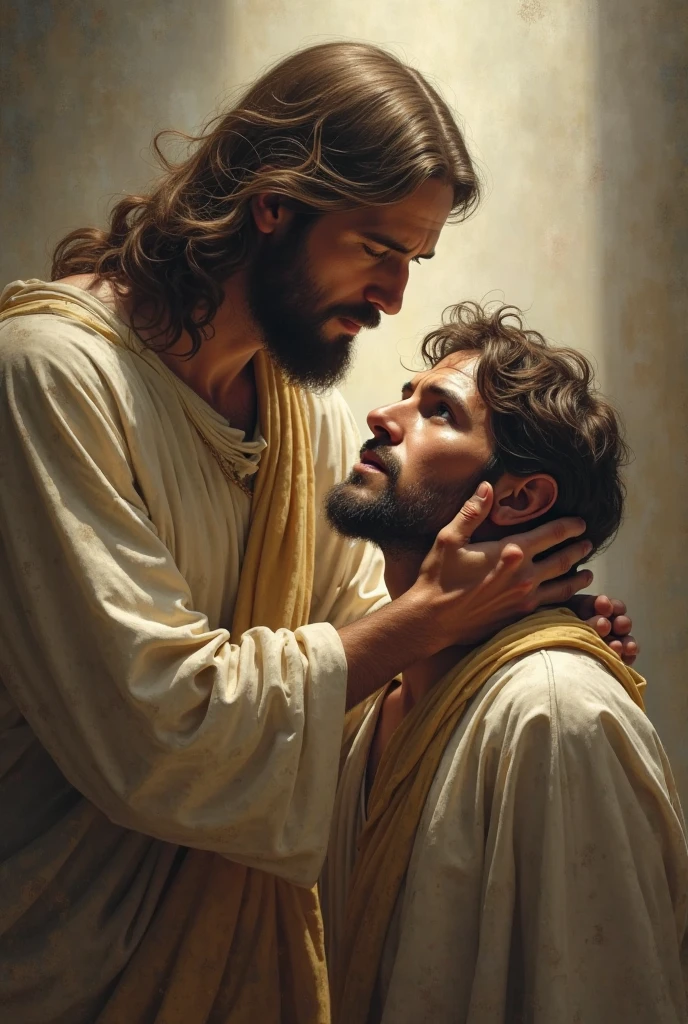 create a photograph Captivating and cinematic scene of Jesus holding a man in his arms, the man rests his head on his chest. Jesus exudes a brilliant divine light that illuminates man, Photographic, Cinematic, Perfect Eyes, Perfect Skin, Intricate Details, Realistic Image, Dynamic Lighting, Hyper-Detailed, Ultra-Realistic, Realistic Textures, 4K Photorealism.Less