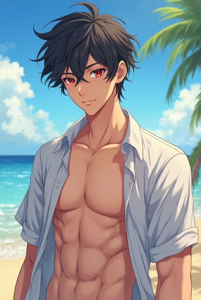 A young man, 22-years-old, solo, Caucasian, masculine face, muscular physique, shaggy tousled black hair, brown eyes, cheerful smile, mouth open, no shirt, shirtless, black swimming trunks, thin silver necklace, small silver earrings, beach, holding a skewer with grilled meat on it