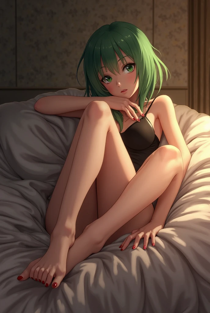 (low-angle, close-up to immensely beautiful barefeet), (kicking forward, emphasis on feet), frontal (solo:1.3 ponytail green hair long hair cute girl cute yellow eyes 14 yo love smile), in a cute pajamas, sit down on bed, relaxing pose, in the bedroom, minimalistic background, break,  (perfect ???????, masterpiece:1.2, best quality, 8k, beautiful detailed grow).