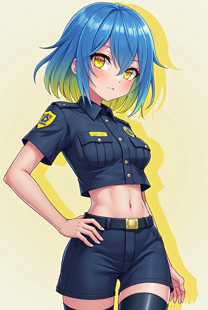 score_9, score_8_up, score_7_up, score_6_up, score_5_up, score_4_up, police uniform,
parted lips, sweat, white gloves, blue hair, looking at viewer, blush, white background, simple background, short hair, portrait, upper body, hair between eyes, covered navel, 1girl, elbow gloves, solo, blue eyes, headgear,