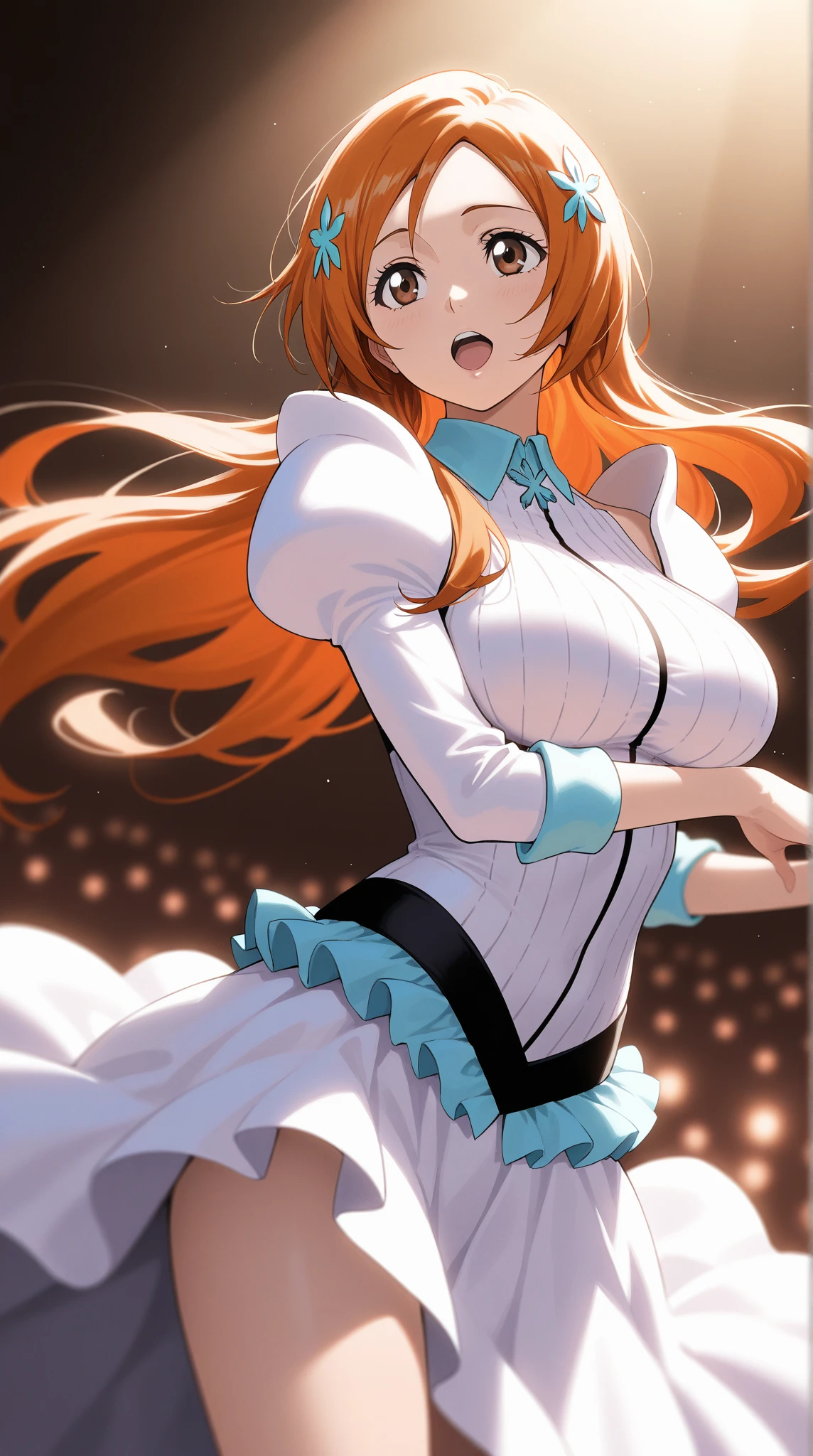 Orihime inoue, bleach, 1girl, solo, white (Orihimesomakjskirt ,cleavage, long skirt, puffy sleeves hat, hair between eyes, long hair, hair ornament, looking at viewer, messy hair, orange hair, solo, thigh highs, thighs, long hair, ((masterpiece)), standing, sexy pose, blush, shy, smile, closes mouth,