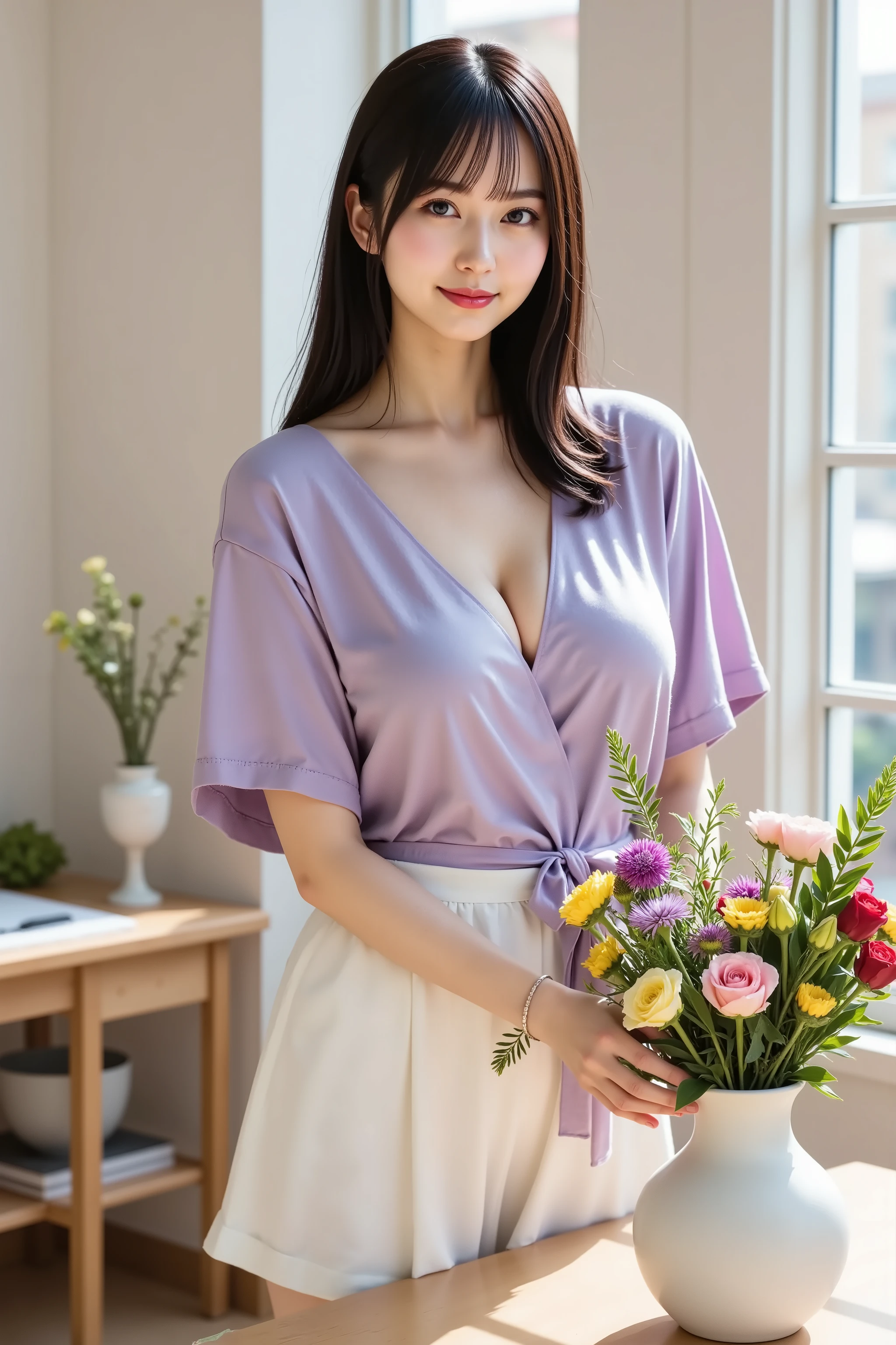 Subject: A well-endowed realistic 20-year-old woman with her long black hair elegantly styled in a low chignon, a gentle smile on her face, her ample bosom and cleavage visible. She's wearing a soft lavender-colored wrap top with a deep V-neckline that showcases her cleavage, paired with a white linen mini skirt. She is standing at a workbench in a bright, airy studio, carefully arranging colorful flowers in a ceramic vase. Various flowers, greenery, scissors, and other arranging tools are neatly laid out on the table. Medium: Digital photograph. Style: Elegant, artistic photorealism, highlighting creativity and delicate craftsmanship. Composition: Medium shot, from the waist up, focusing on her hands arranging the flowers and her serene expression, with the beautiful array of flowers providing a vibrant foreground and background, aspect ratio 2:3. Lighting: Soft, diffused natural light from large windows, creating an ideal environment for working with colors and delicate materials, imbuing the scene with a gentle, calm quality. Color Palette: A beautiful spectrum of floral colors – pinks, purples, yellows, reds, and greens – complemented by the soft lavender and white of her attire, creating a delicate and aesthetically pleasing image. Mood/Atmosphere: Calm, creative, and graceful, absorbed in the artistic and therapeutic process of flower arranging.
