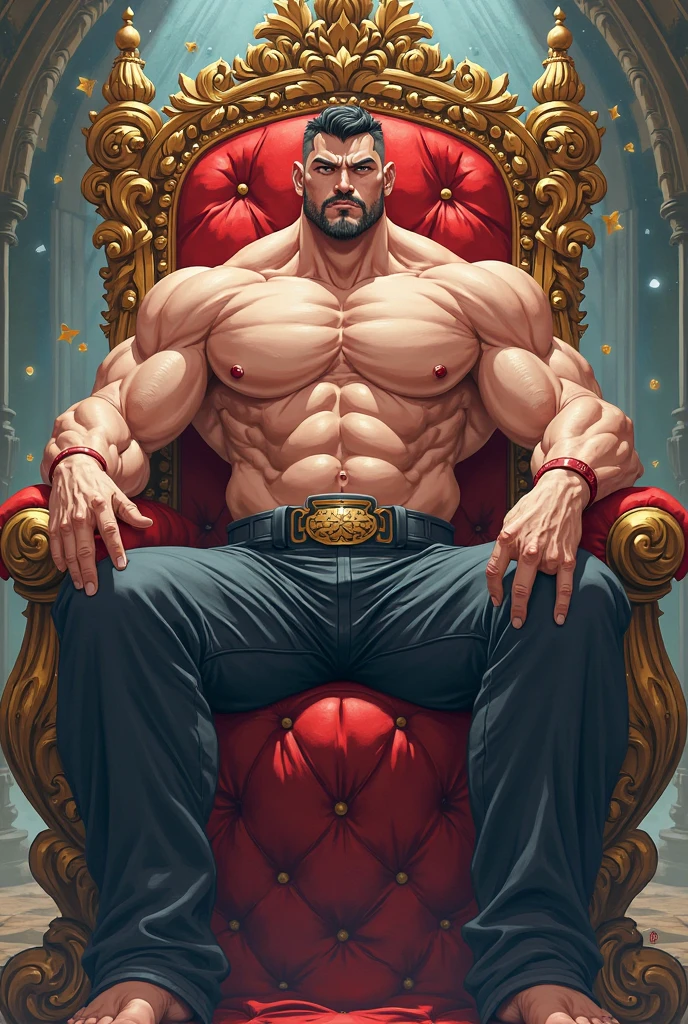 Demon sitting on his throne, the bottom is hell, Hot tall muscular male, Whole body, sexy man, The man is gigantic and barely fits on the throne, exaggerated muscles, unclothed, very tall giant man, high comparison