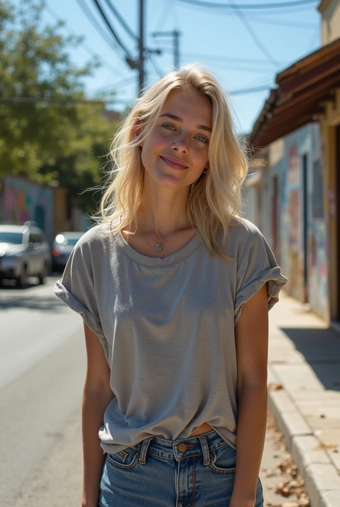youth European woman in simple summer dress with platinum blone hair, long hair, hairstyle, simple background