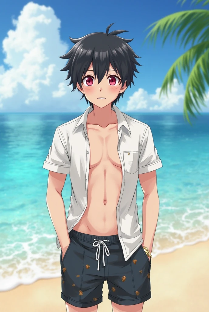 1boy, naked, short pants, big chest, wet,bulge, blush,boy, beach