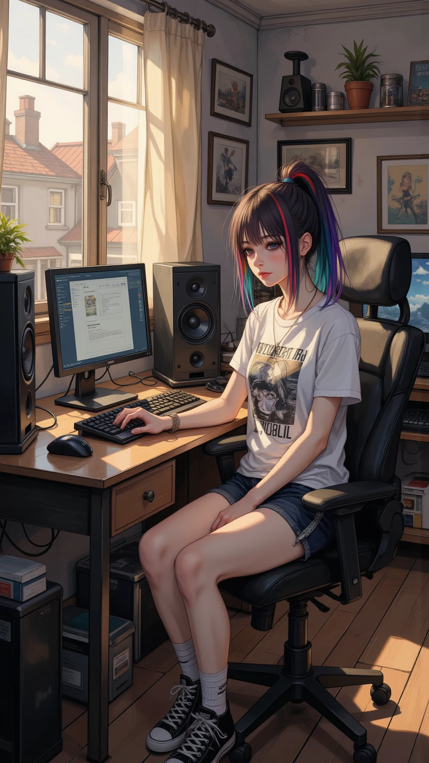(mesa: 1.3, Maximum resolution, Mais alta qualidade, 8k, fotorrealista, detalhe perfeito), perfect lighting, (1 garota), Sozinho, Girl making music on home studio computer, motor irreal, Rembrandt, Quiet recording studio, Com microfone e outros equipamentos vintage, Add old-fashioned charm to a secluded space, Framed poster of the legendary rock musician on the wall, corpo detalhado, camisetas brancas, serious facial expression, (Sitting in front of an electronic piano:1.1), usando fones de ouvido, Trabalhando com monitores de computador, Controlador MIDI Pad,lindos dedos,detailed hand