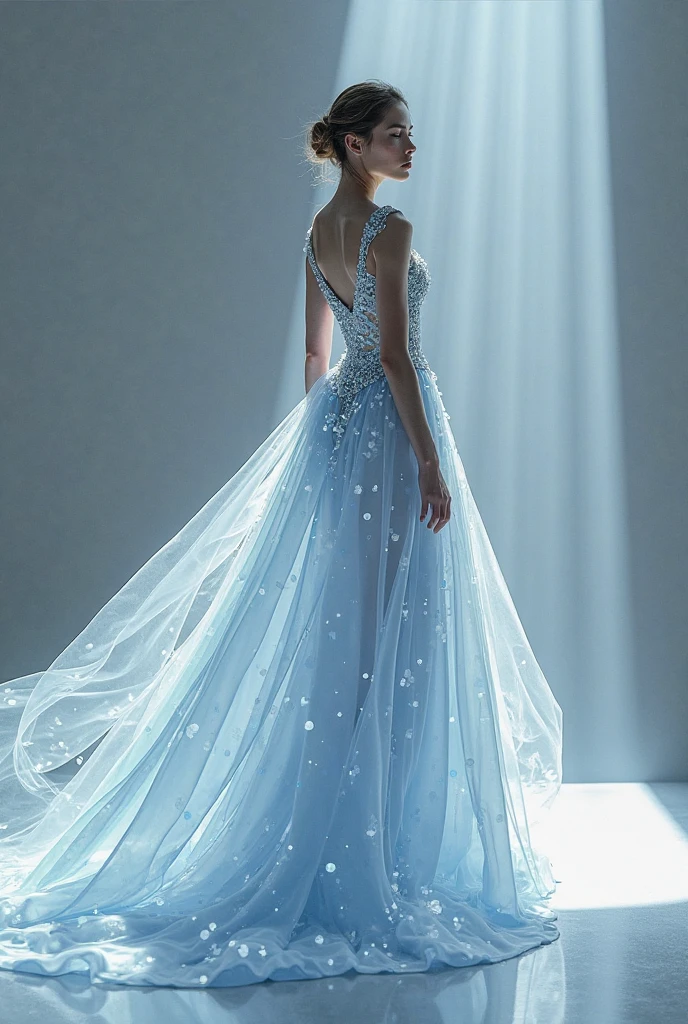 arafed woman in a dress standing in front of a window, a picture by Marie Bashkirtseff, shutterstock, romanticism, half-turned lady in evening gown, flowing gown, wearing a flowing dress, mysterious woman, haunting beautiful young woman, wearing a white flowing dress, flowing dress, woman in dress, extremely moody blue lighting, miss aniela
