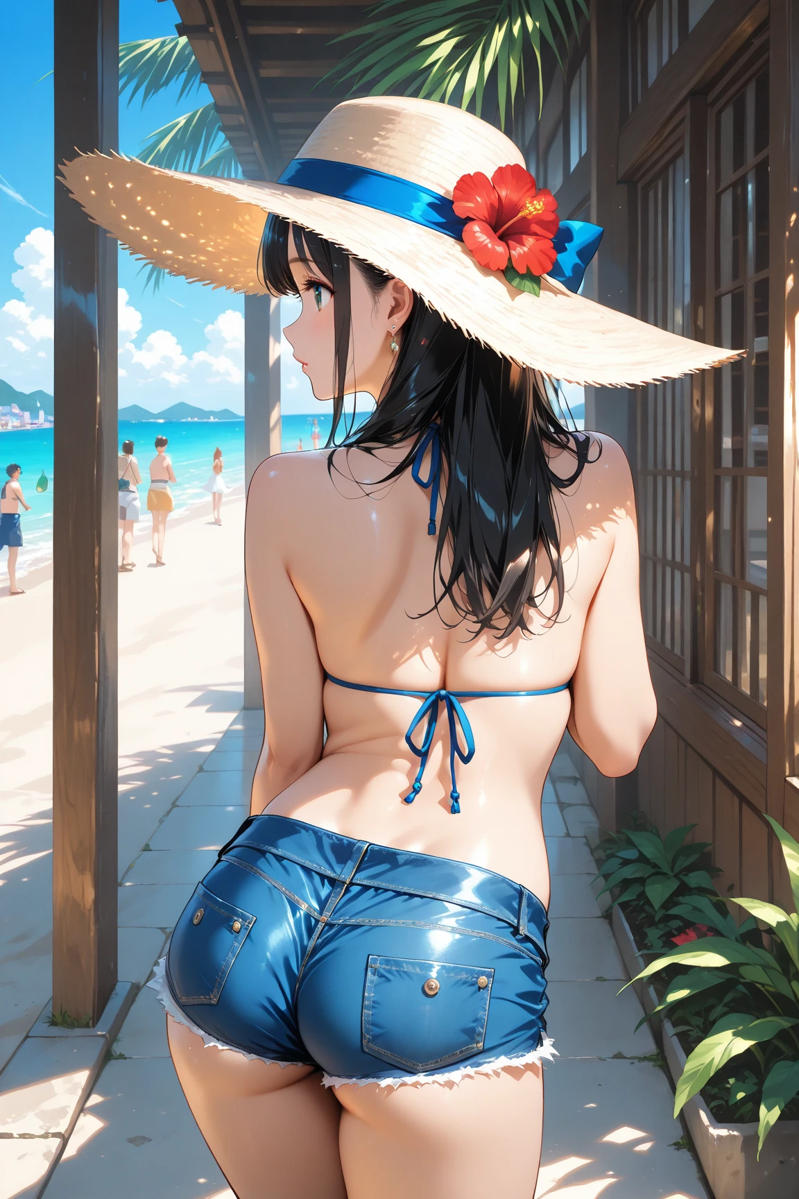 ((nsfw)) masterpiece, best quality, beach, vivid colors, woman, swimsuit, ass, from behind, sun hat, topless,