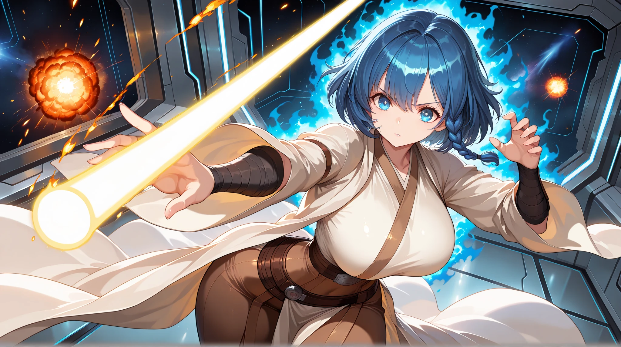 1girl, solo, open beige robes, large sash around waist, brown sash, blue hair, gradient hair, green hair, deep blue eyes, lightsaber in hand, mountain, lightsaber pointed down, cleavage, large breasts, sleveless