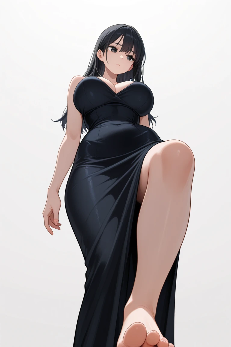 Anime-style woman in a black dress posing in front of a wall, Anime girl in a black dress, , thick, Beautiful and attractive anime woman, [ 4k digital art ]!!, Boob proportions, Enchanting anime girl, She has a plump, round belly, Tear from Overlord, Curvaceous. Detailed Expression