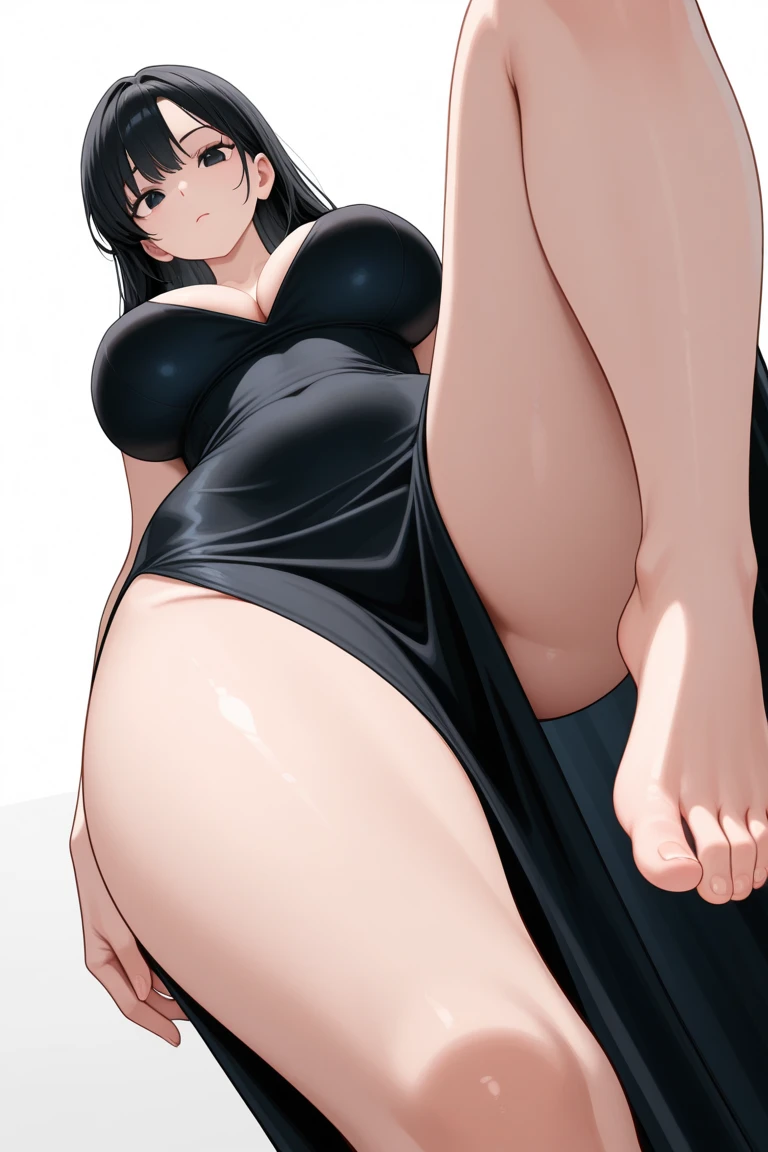 realisticlying、22-year-old girl、Face Real、skin gloss、Close-up looking up from below、Wearing a light and tight-fitting black long dress、bold emphasis on the thighs、Breasts enlarged、sexly、Face smile、