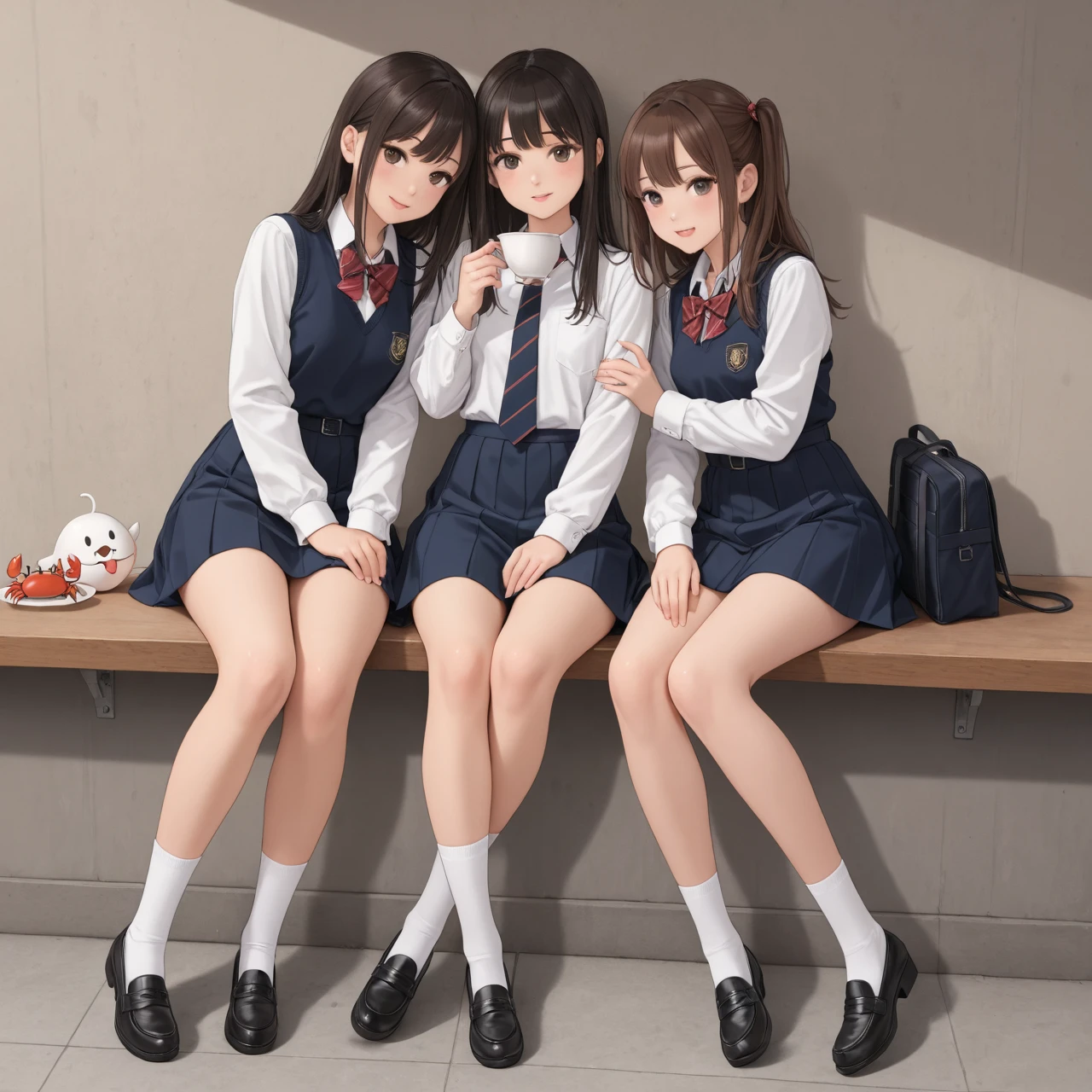 ((Masterpiece, highres)), 10+girls, group, sisters, (brown haired girls, blonde girls)), long hair, curly hair, matching hairstyles, different hair color, confident, elegant, rich girls, proud smiles, (((matching outfits, identical outfits, yellow school uniforms, sexy school uniforms, yellow blazer, yellow short skirt, white thighhighs, long white socks, black high heels)))