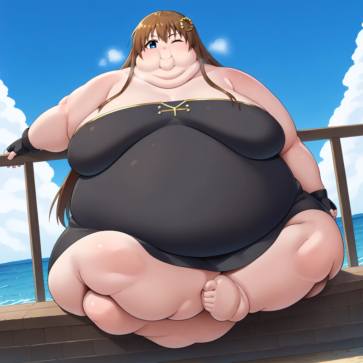 masterpiece, best quality, hi-res,fat kobeni, one girl, solo, brown eyes, medium hair, black hair, hair ornament, hairclip, mole, mole under eye,,, bangs, eyebrows, slingshot bikini, poolside, wet, obese body, fat arms, thick thighs, fat belly, big cheeks, cute and fat face, fat necks, 4k