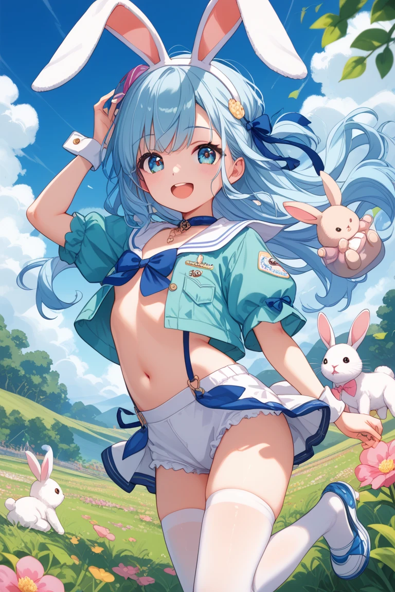1girl, solo, village, trees, sun, clouds, ((colorful hair)), ponytail, large breasts, ((bunny girl)), cleavage, blue eyes, grin, looking at the viewer, ((standng)), hair ribbon