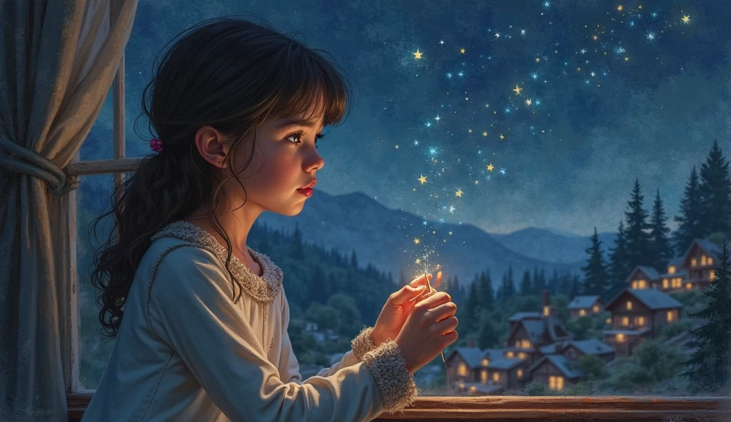 a 6 year old girl sitting near her window with a telescope at night, looking up at the glowing and extra bright star in the dark sky, detailed face and eyes, beautiful eyelashes, detailed clothing, intricate background, warm lighting, vibrant colors, cinematic composition, award winning photography, 8k, hyper realistic, concept art style