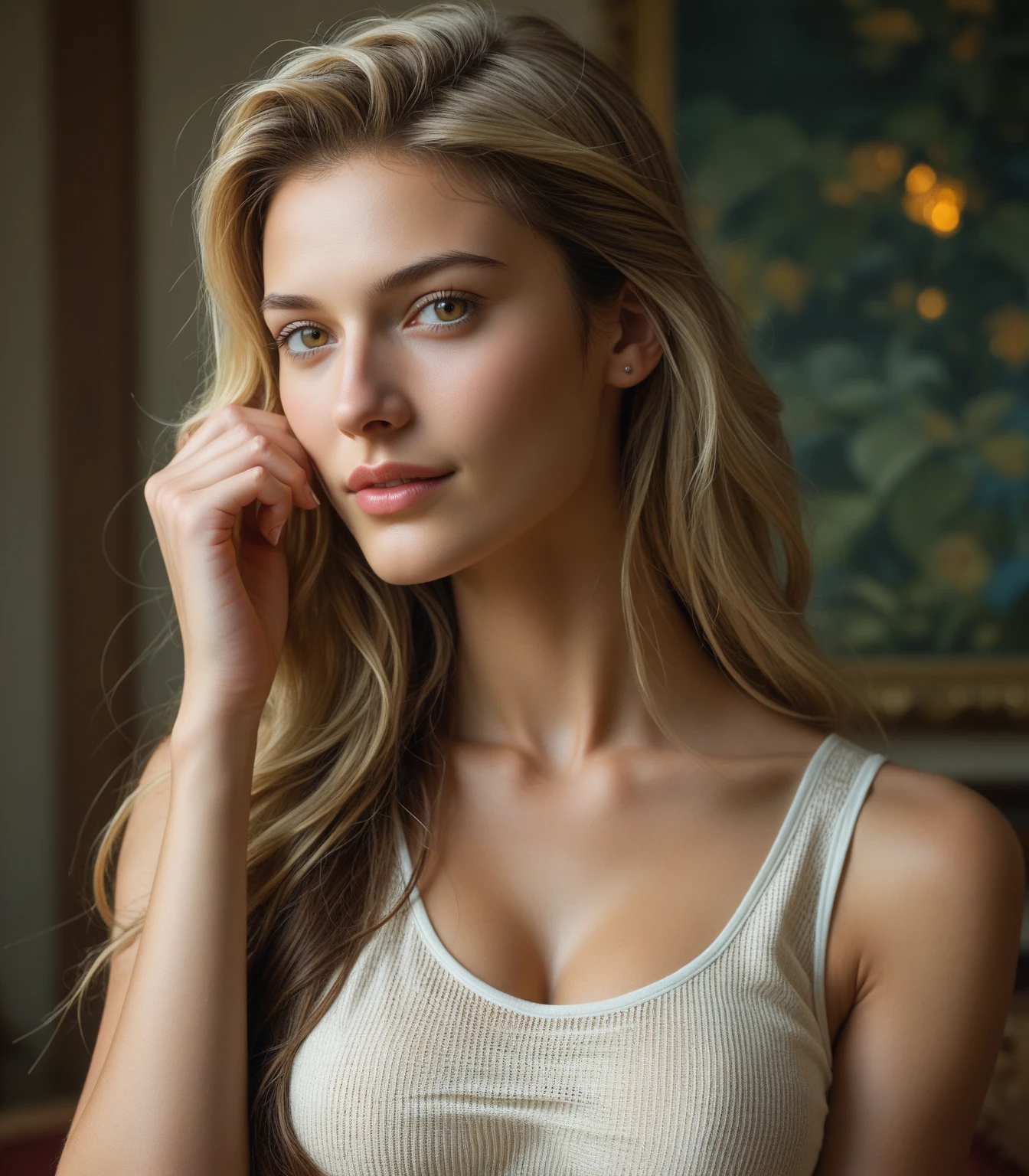 (Best quality, Ultra detailed, Golden ratio, Masterpiece:1.2), Theatrical lighting:0.7, Photo of a woman, dressed in a very elegant and pretty dress, Perfect rare face, (Highly detailed skin), soft blondy dyed hair, long straight soft hair, ((chest little)), tall,Hide your mouth with your hands、Ridicule, skin texture, Pale skin, shiny skin, (thin, large size:0.82), [:(Sharp focus on rare face, perfect  blue eyes:1.2):0.2], photorealistic, film grain, Put one foot forward、from below looking up、look at camera、Emphasize the shoulders, Focus on face、Stockings、glasses、Smile with corners of mouth raised、disdainful expression, summer haze, muted colors, muted warm colors, Photo cinematic portrait of a woman dressed in a striped dress sitting by the window in the early morning, cinematic, (tilted:1.3) (on an old train) look cautious, standing under a spotlight, volumetric dust clouds, key light, backlight, soft natural lighting, photography Film grain ISO 400 30 mm lens RAW f1.8 aperture, highly detailed (analog photography:1), colors hdr