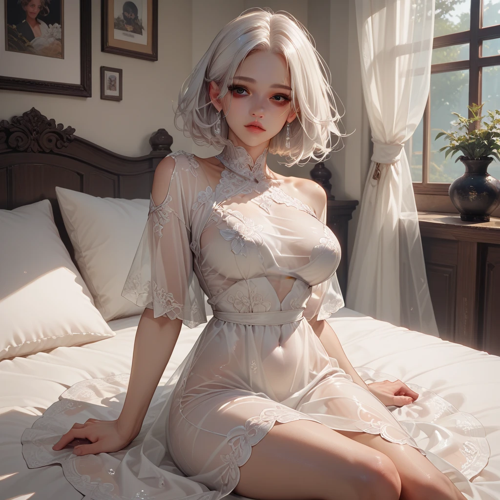 best quality, ultra high res, (photorealistic:1.4), 8k resolution, girl, (silver hair:1.3), (realistic hair:1.2), (Korean girl:1.2), (realistic eyes:1.2), (beauty face:1.3), perfect body, white pale skin, big breast, cleavage, , (eyes looked up:1.3), (wet body and thong:1.2),