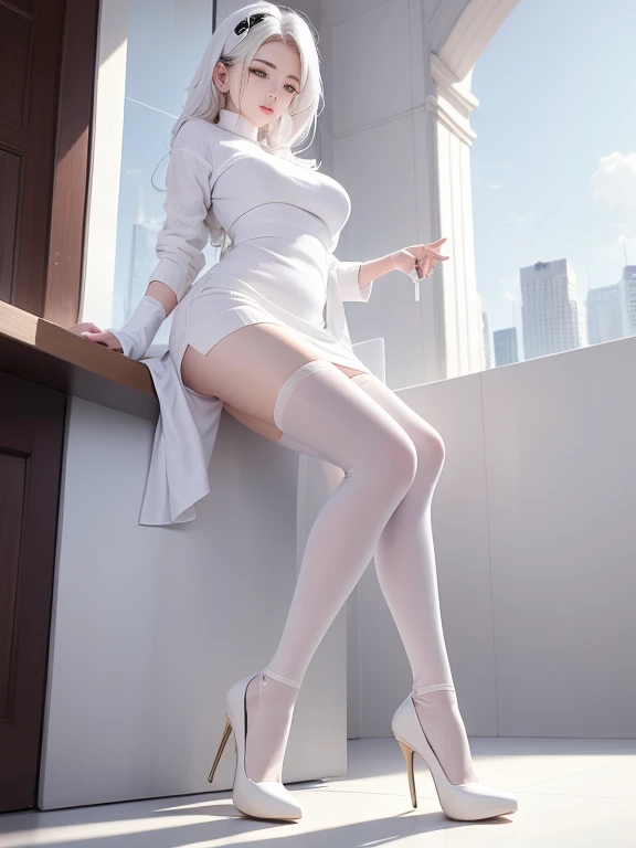 25-year-old Caucasian woman、platinum-blonde、blue eyess、Semi-long、My hair is wavy、I can see the belly button、My abs are cracked、a smile、Slender but well-proportioned muscular body、I don&#39;t want my head to disappear from the screen.、Wearing a sheer off-shoulder dress、I&#39;m wearing transparent low-rise hot pants.、wearing high knee socks、I'm wearing high heels、a smile、I&#39;m by the window of an empty room in one of the skyscrapers.、I&#39;m practicing classical volleyball by grabbing a pole attached to the window frame and raising my legs high.